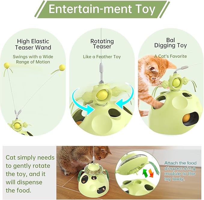 Interactive cat Toys for Indoor Cats, 4 in 1 cat self Moving Toy,Kitten Wand Toy, Spinning Toy, Slow Food Dispenser Feeder Treat Dispensing Feeding pet Supplies Gift (Green) - PAWPICO
