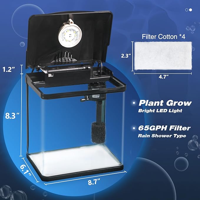 Betta Fish Tank, 2 Gallon Glass Aquarium, Small Fish Tank with Filter and LED Plant Light, Betta Shrimp Guppy Jellyfish Starter Kit Self-Cleaning Tank, Ultra Quiet Decoration Kids Room Gift TARARIUM