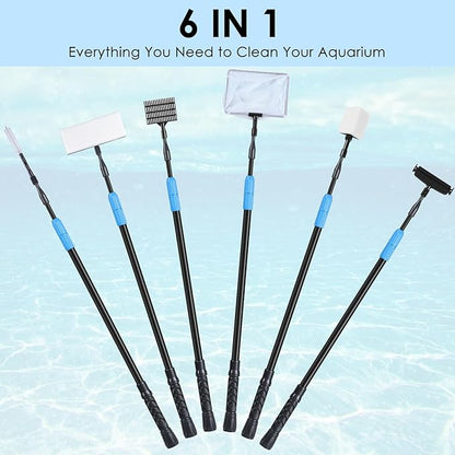 AquaMiracle 6 in 1 Aquarium Cleaning Tool Kit Fish Tank Cleaning Kit for 20-160 Gallon Tank with Telescopic Long Handle, Algae Scraper, Scrubber Pads, Tube Cleaner, Fish net, Gravel Rake AquaMiracle