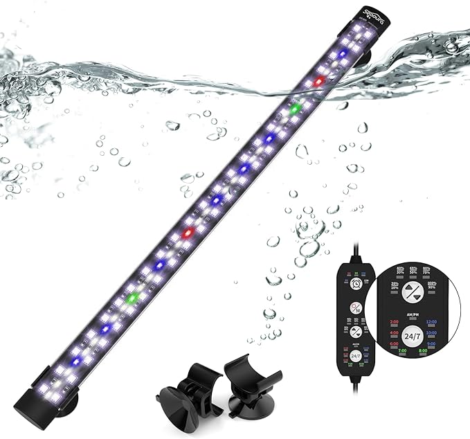 Submersible Aquarium Light for Fish Tank, 24/7 Cycle Fish Tank Light with Timer, Full Spectrum+7 Single Colors, Auto On/Off, Adjustable Brightness (18.9 Inch for 20-35inch Tank) SEAOURA