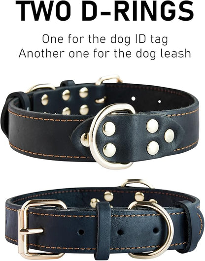 Leather Dog Collar, Heavy Duty, Wide, for Medium & Large Dogs, Single Stitch - Black DAIHAQIKO