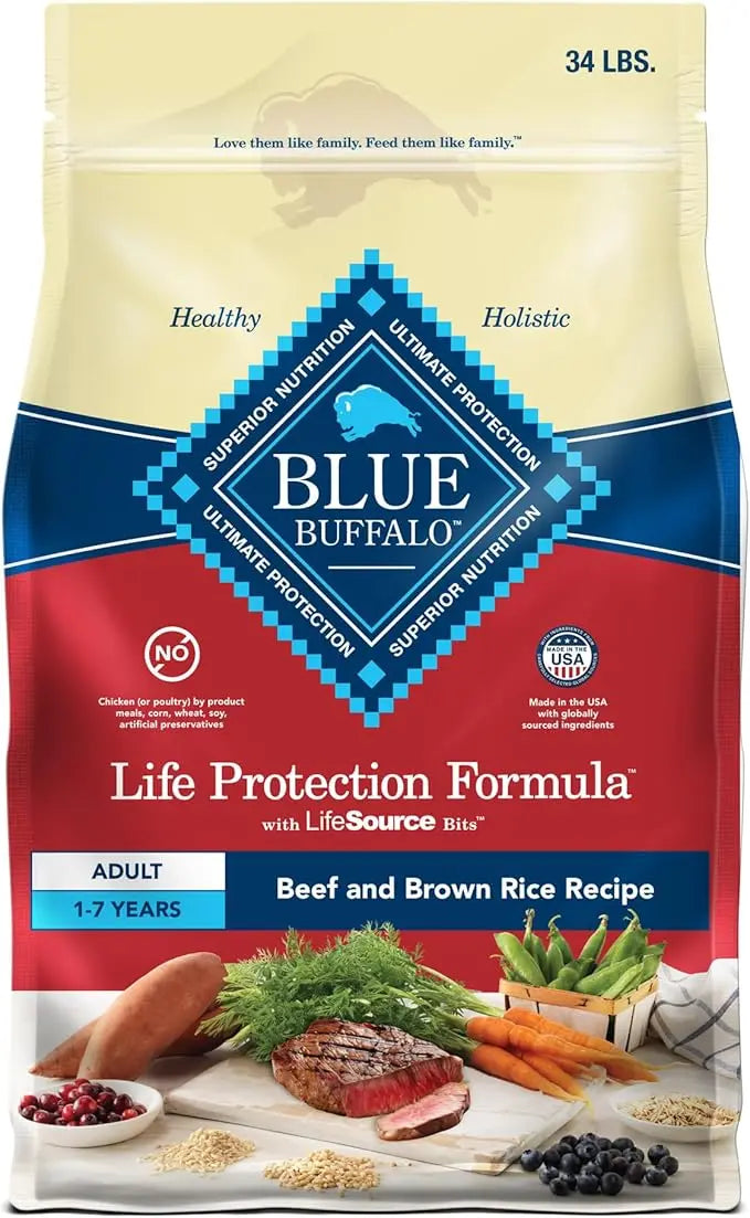Blue Buffalo Life Protection Formula Adult Dry Dog Food, Helps Build and Maintain Strong Muscles, Made with Natural Ingredients, Beef & Brown Rice Recipe, 34-lb. Bag - PAWPICO