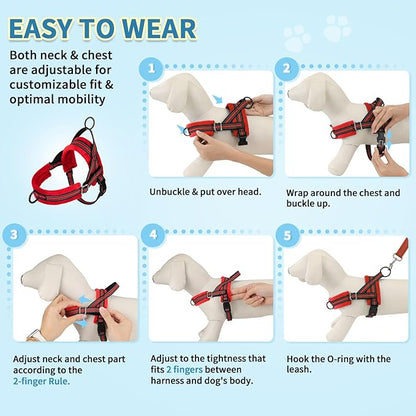 SlowTon No Pull Small Dog Harness and Leash Set, Puppy Soft Vest Harness Neck & Chest Adjustable, Reflective Lightweight Harness & Anti-Twist Pet Lead Combo for Small Medium Dogs (R-Front Clip,S) SlowTon
