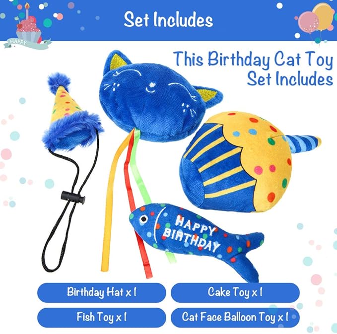 BINGPET Cat Birthday Catnip Toys for Indoor Cats,Cat Birthday Hat and Cat Birthday Cake Interactive Plush Kitten Chew Toys,Cute Cake, Fish,Balloon Toys with Crinkle Paper and Catnip Inside Cat Gifts - PAWPICO