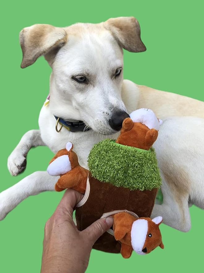 Fox in Tree Hide and Seek Dog Toy for Small and Medium Size Dogs, Plush Fox Inside Trunk Dog Toy with Squeaker, Interactive Burrow Dog Toy (Tree with Fox, Small) - PAWPICO