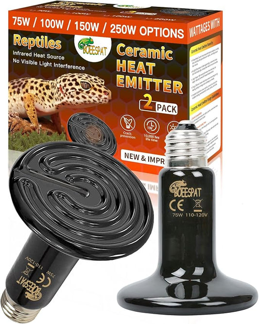 High Efficiency 75W Ceramic Heat Emitters, Pack of 2 Reptile Heat Lamp Bulbs for Bearded Dragon, Lizard, Iguana, Geckos & Small Pets Basking (Black, 75 Watts) BOEESPATDirect