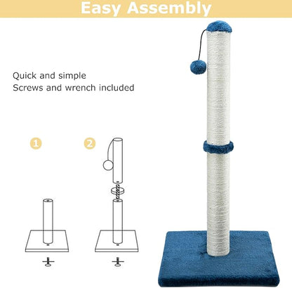 Dimaka 34" Tall Cat Scratching Post for Large Cats and Kittens, High Vertical Scratcher with Premium Natural Sisal Rope and Interactive Hanging Ball for Indoor Cats (Blue, 34 inches) - PAWPICO