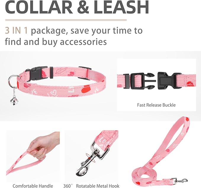 PUPTECK Adjustable Dog Harness Collar and Leash Set Step in No Pull Pet Harness for Small Medium Dogs Puppy and Cats Outdoor Walking Running, Soft Mesh Padded Reflective Vest Valentine Harnesses PUPTECK