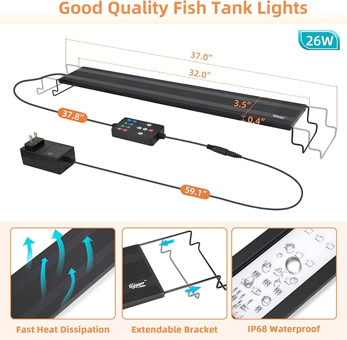 hygger LED Aquarium Light, 26W Full Spectrum Fish Tank Light with Multi-Color Timer DIY Mode 24/7 Natural Mode, Adjustable Brightness, Aquarium Plant Light with Extendable Brackets for 32~37IN Tank hygger