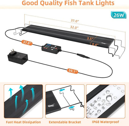 hygger LED Aquarium Light, 26W Full Spectrum Fish Tank Light with Multi-Color Timer DIY Mode 24/7 Natural Mode, Adjustable Brightness, Aquarium Plant Light with Extendable Brackets for 32~37IN Tank hygger