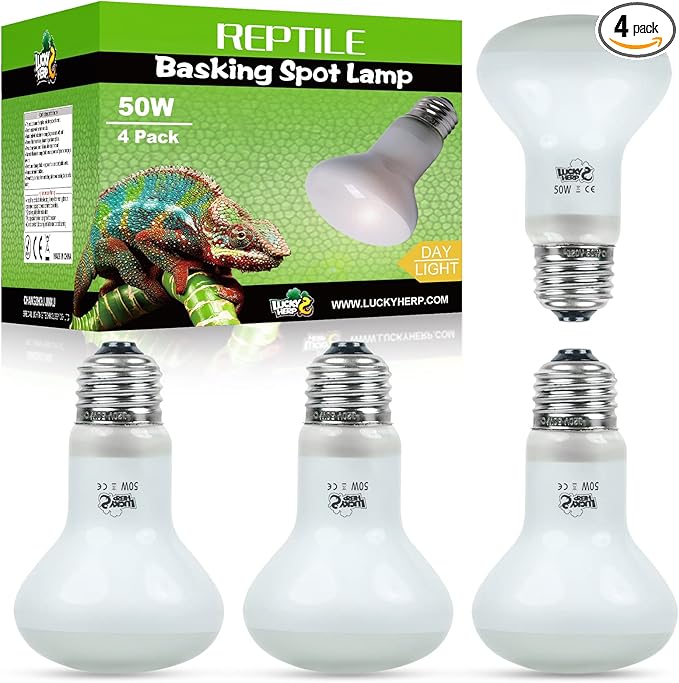 LUCKY HERP 4 Pack 50W Reptile Heat Lamp Bulb (2nd Gen), Amphibian Basking Light Bulb, Reptile Daylight Bulb for Turtle, Bearded Dragon, Lizard Heating Use LUCKYHERP