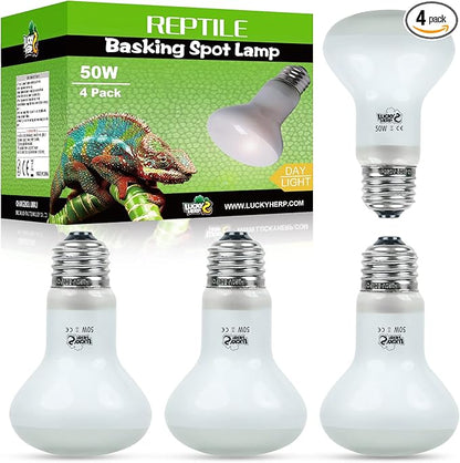 LUCKY HERP 4 Pack 50W Reptile Heat Lamp Bulb (2nd Gen), Amphibian Basking Light Bulb, Reptile Daylight Bulb for Turtle, Bearded Dragon, Lizard Heating Use LUCKYHERP