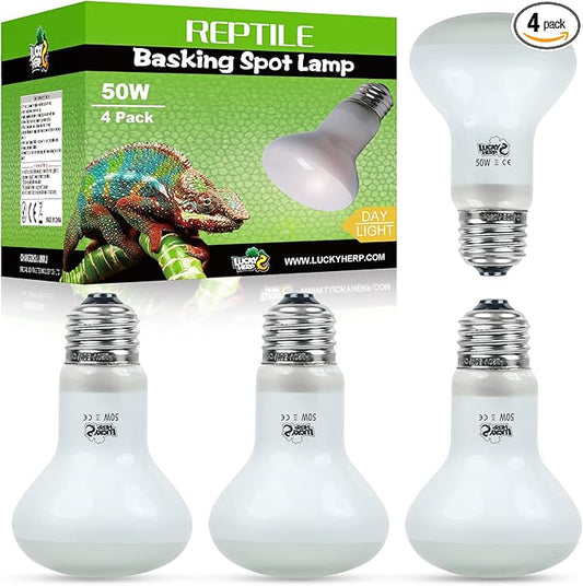 LUCKY HERP 4 Pack 50W Reptile Heat Lamp Bulb (2nd Gen), Amphibian Basking Light Bulb, Reptile Daylight Bulb for Turtle, Bearded Dragon, Lizard Heating Use LUCKYHERP