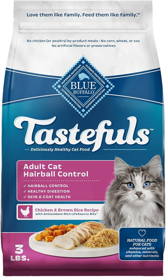Blue Buffalo Tastefuls Adult Hairball Care Dry Cat Food, Made in the USA with Natural Ingredients, Chicken & Brown Rice Recipe, 3-lb. Bag - PAWPICO