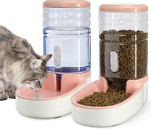 Automatic Dog Cat Feeder and Water Dispenser Gravity Food Feeder and Waterer Set with Pet Food Bowl for Small Medium Dog Puppy Kitten, Large Capacity 1 Gallon x 2(Pink) - PAWPICO