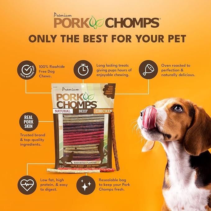 Pork Chomps Dog Chews, 5-inch Munchy Sticks, Assorted Flavors, 100 Count - PAWPICO