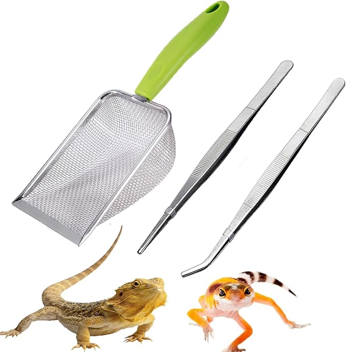 Reptile Sand Substrate Scoop Reptile Sand Fine Mesh Reptile Scooper Stainless Steel Terrarium Substrate Sand Bedding Litter Cleaner Scoop and Reptile Long Feeding Tongs Set (Green-2mm) WoYous