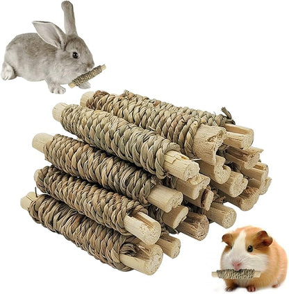 Fhiny 18 PCS Guinea Pig Chew Toys, Natural Seagrass Sweet Bamboo Molar Sticks for Teeth Bunny Chew Toys Cage Accessories for Rabbit Bunny Guinea Pig Chinchilla Hamster Fhiny