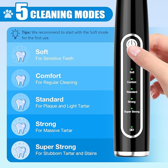 Dog Plaque Remover for Teeth, Dog Teeth Cleaning Kit with LED Light and 5 Modes for Dogs and Cats,Black MIONJO