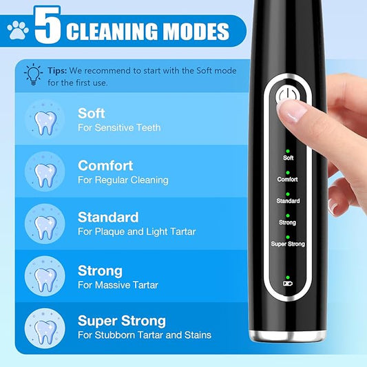 Dog Plaque Remover for Teeth, Dog Teeth Cleaning Kit with LED Light and 5 Modes for Dogs and Cats,Black MIONJO