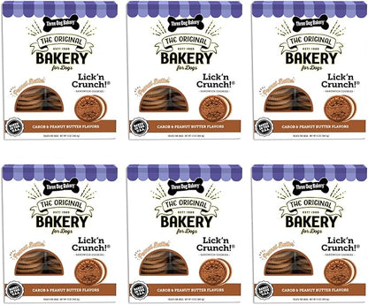 Three Dog Bakery Lick'n Crunch Baked Dog Treats, Carob and Peanut Butter Flavor, 13 Ounce Box, 6-Pack (114059) - PAWPICO
