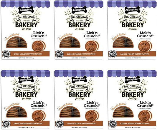 Three Dog Bakery Lick'n Crunch Baked Dog Treats, Carob and Peanut Butter Flavor, 13 Ounce Box, 6-Pack (114059) - PAWPICO