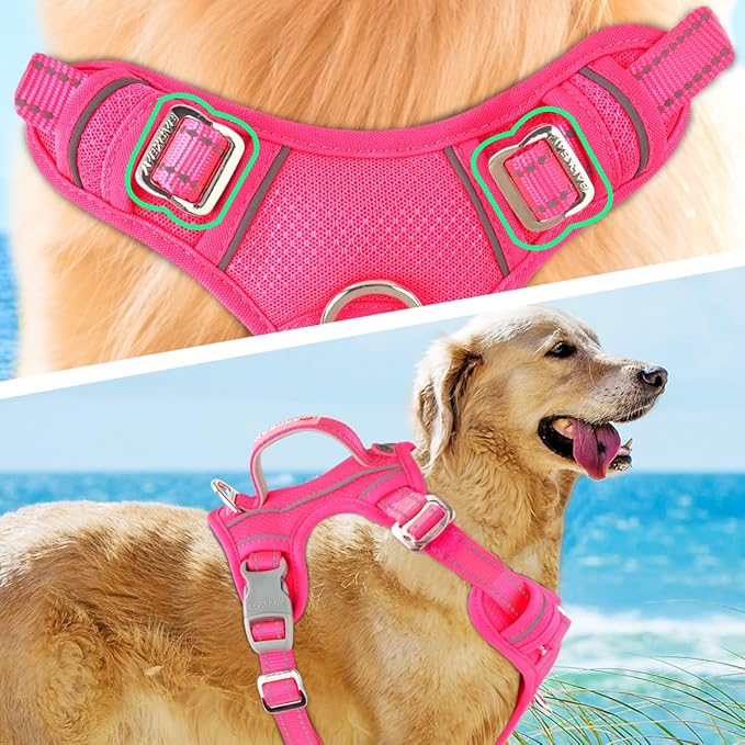 BARKBAY No Pull Dog Harness 3 Buckles Large Reflective Dog Harness with Front Clip and Easy Control Handle for Walking Training Running with ID tag Pocket(Pink,XL) BARKBAY