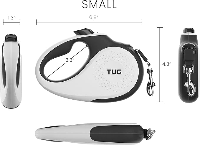 TUG 360° Tangle-Free Retractable Dog Leash with Anti-Slip Handle | 16 ft Strong Nylon Tape | One-Handed Brake, Pause, Lock (Small, White) TUG