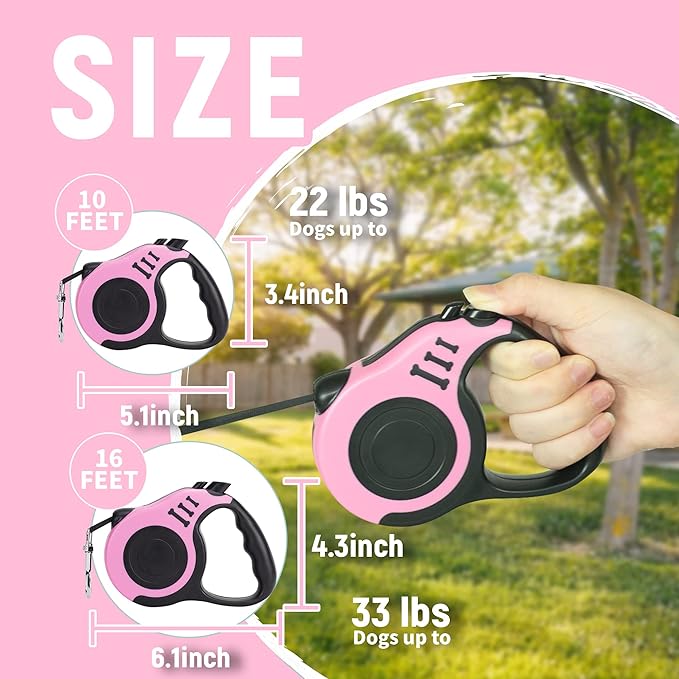 Retractable Dog Leash Automatic Telescopic Tractor Dog Tape, Pet Tape 10/16 FT Durable and Convenient, with Non-Slip Handle, Suitable for Small and Medium-Sized Dogs Pink LIEVUIKEN
