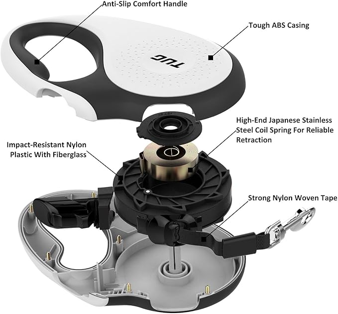 TUG 360° Tangle-Free Retractable Dog Leash with Anti-Slip Handle | 16 ft Strong Nylon Tape | One-Handed Brake, Pause, Lock (Small, White) TUG