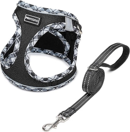 Mercano Soft Mesh Dog Harness and Leash Set, No-Chock Step-in Reflective Breathable Lightweight Easy Walk Escape Proof Vest Harnesses with Safety Buckle for Small Medium Dogs, Cats (Black White, L) PAWPICO