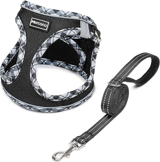 Mercano Soft Mesh Dog Harness and Leash Set, No-Chock Step-in Reflective Breathable Lightweight Easy Walk Escape Proof Vest Harnesses with Safety Buckle for Small Medium Dogs, Cats (Black White, L) PAWPICO