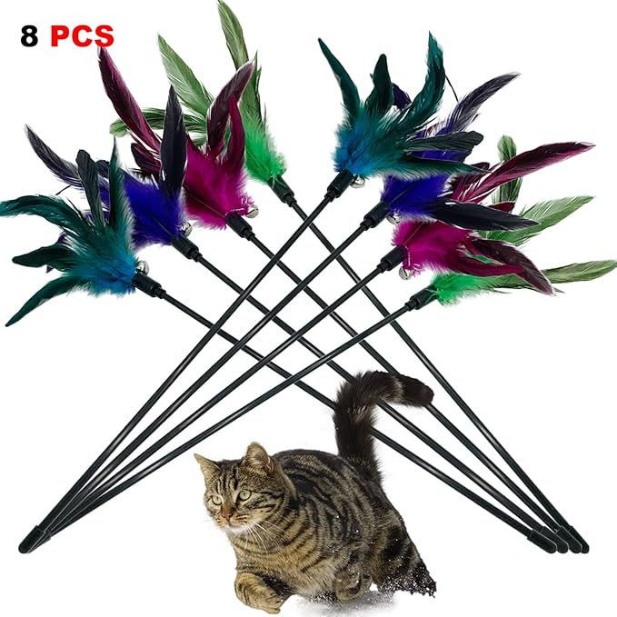 Cat Wand Toy Feather Stick Cat Toys, 8 PCS Cat Feather Wand Toys, Interactive Cat Toy Feather Wand for Indoor Cats - PAWPICO