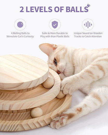 Made4Pets Cat Scratching Post Cat Scratcher Kitten Toys for Indoor Cats Wooden Ball Track Two-Layer Modern Sisal 17.7" Tall Scratch Post Interactive Toy with Dangling Ball - PAWPICO
