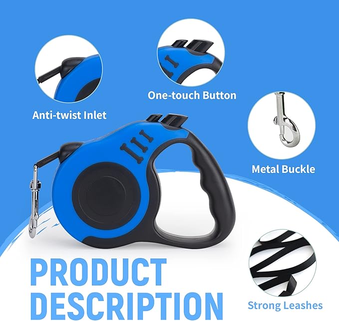 Retractable Dog Leash Automatic Telescopic Tractor Dog Tape, Pet Tape 10/16 FT Durable and Convenient, with Non-Slip Handle, Suitable for Small and Medium-Sized Dogs Blue - PAWPICO