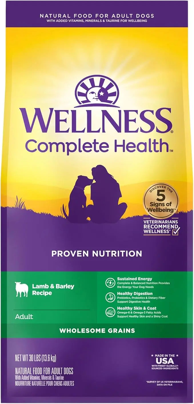 Wellness Complete Health Dry Dog Food with Grains, Made in USA with Real Meat & Natural Ingredients, All Breeds, Adult Dogs (Lamb & Barley, 30-lb) – With Nutrients for Immune, Skin, & Coat Support, 30.00 Pound (Pack of 1) - PAWPICO