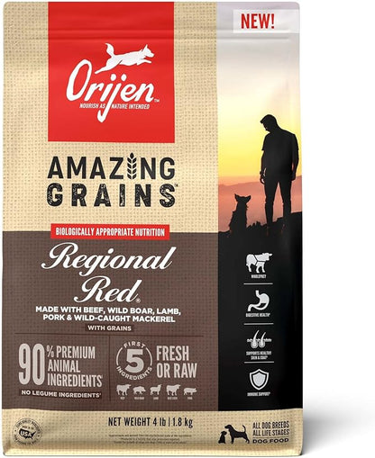 ORIJEN Amazing Grains Regional RED Dry Dog Food, High Protein Dog Food for All Life Stages, Fresh or Raw Ingredients, 4lb - PAWPICO
