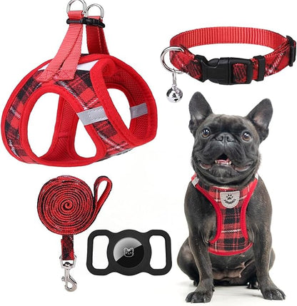 EXPAWLORER Classic Plaid Puppy Harness - Small Dog Harness and Leash Set - Dog Collar and Leash Set with AirTag Holder, Soft Padded Step in Dog Vest Harness No Pull Reflective for Outdoor, Red XS EXPAWLORER