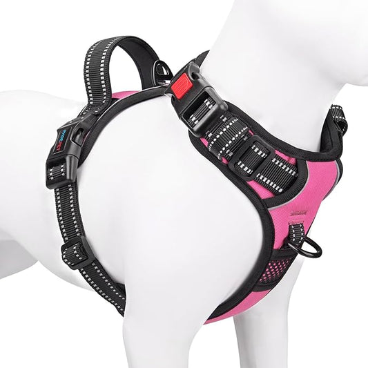 PHOEPET Reflective Dog Harness Large Breed Adjustable No Pull Vest with Handle 2 Metal Rings 3 Buckles [Easy to Put on & Take Off](L, Pink) - PAWPICO