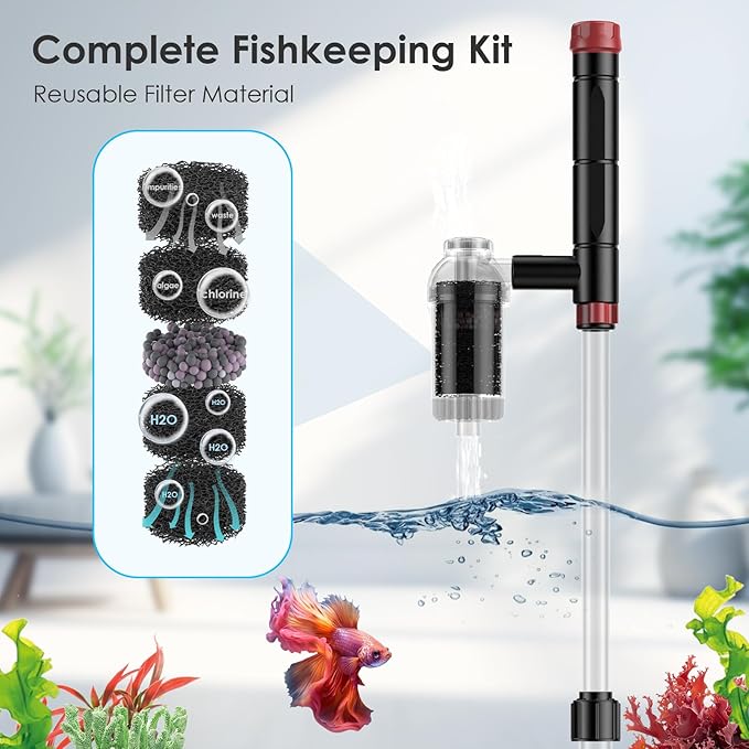 AKKEE Aquarium Vacuum Gravel Cleaner, 8 in 1 Multifunctional 36W Fish Tank Gravel Cleaner Vacuum for Water Changer Wash Sand Water Filter Circulation Aquarium Vacuum Cleaner with Timed Off Waterproof AKKEE