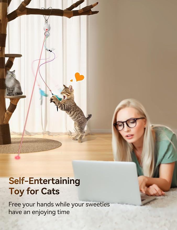 Interactive Cat Toys LED Light Hanging Cat Toys for Indoor Cats, Cat Wand Toy Cat Feather Toy, Feather & Mouse Cat Toys for Bored Adult Cats Kitten Exercise, White - PAWPICO