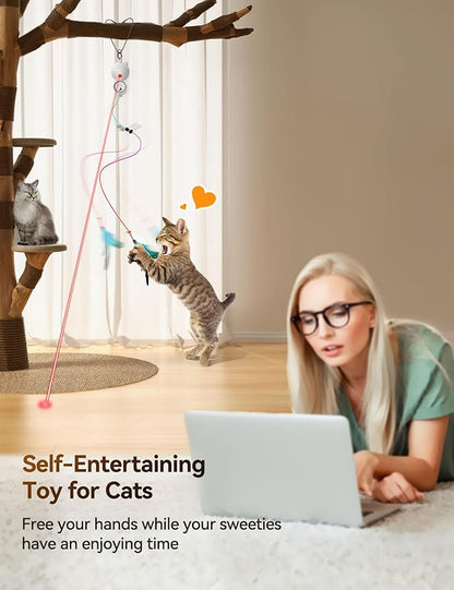 Interactive Cat Toys LED Light Hanging Cat Toys for Indoor Cats, Cat Wand Toy Cat Feather Toy, Feather & Mouse Cat Toys for Bored Adult Cats Kitten Exercise, White - PAWPICO