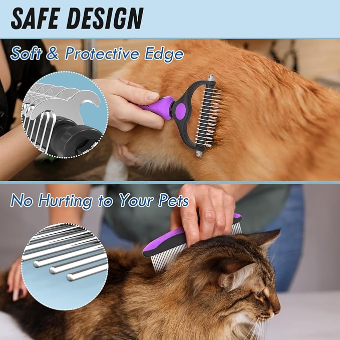Pet Grooming Brush and Metal Comb Combo - Undercoat Rake for Dematting and Deshedding Long Matted Haired Dogs and Cats, Purple - PAWPICO