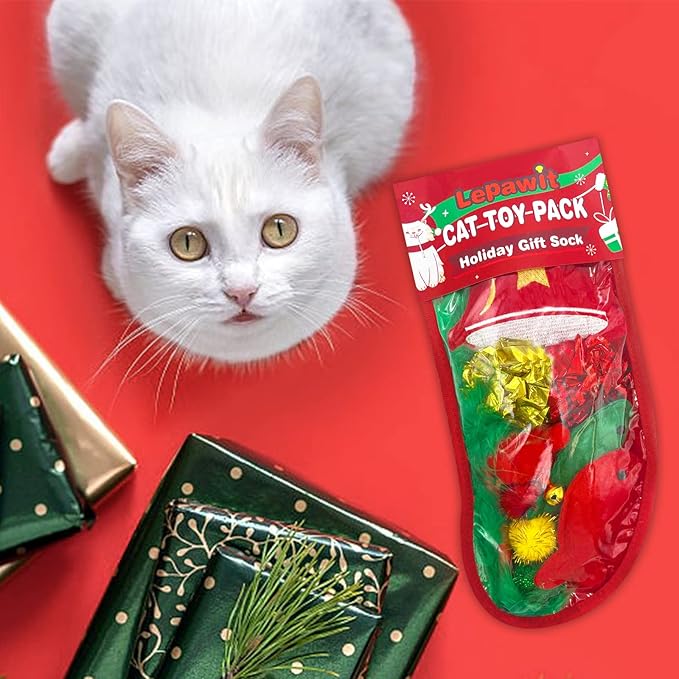 Cat Christmas Stocking, 10 Pack Christmas Cat Toys for Indoor Cats, Includes Catnip Toys, Cat Teaser, Cat Balls and Feather Toys, Great Value for Cats - PAWPICO