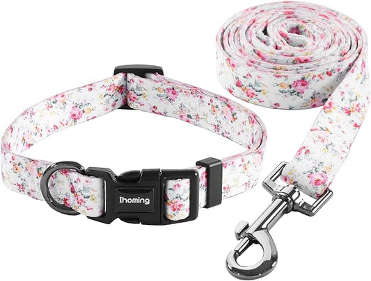 Ihoming Dog Collar and Leash Set for Daily Outdoor Walking Running Training, Floral Sky Design for Medium Boys Girls Dogs Cats Pets, M-Up to 45LBS Ihoming