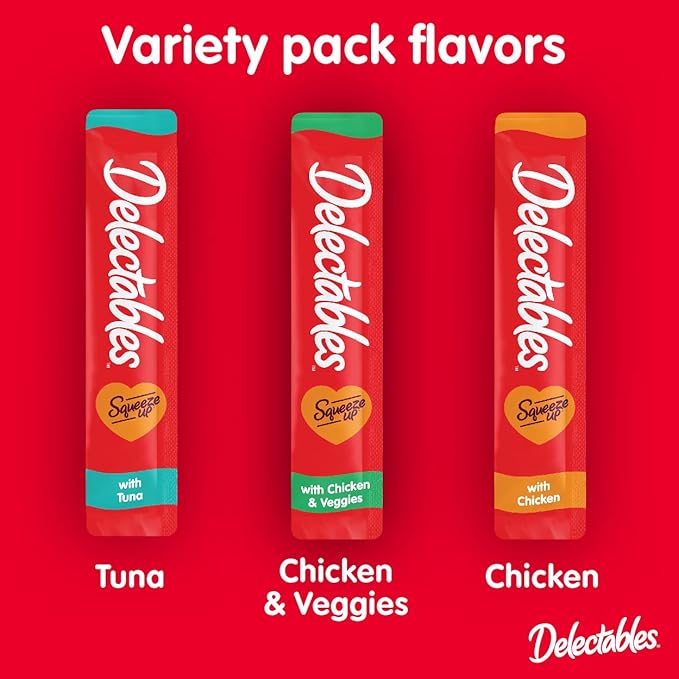 Delectables Squeeze Up Variety Pack, Creamy Squeezable Puree, Lickable Wet Cat Treats, Grain Free, No Added Fillers, No by-Products, No Added Preservatives, 0.5 Ounces Tube, 20 Tubes Total Hartz