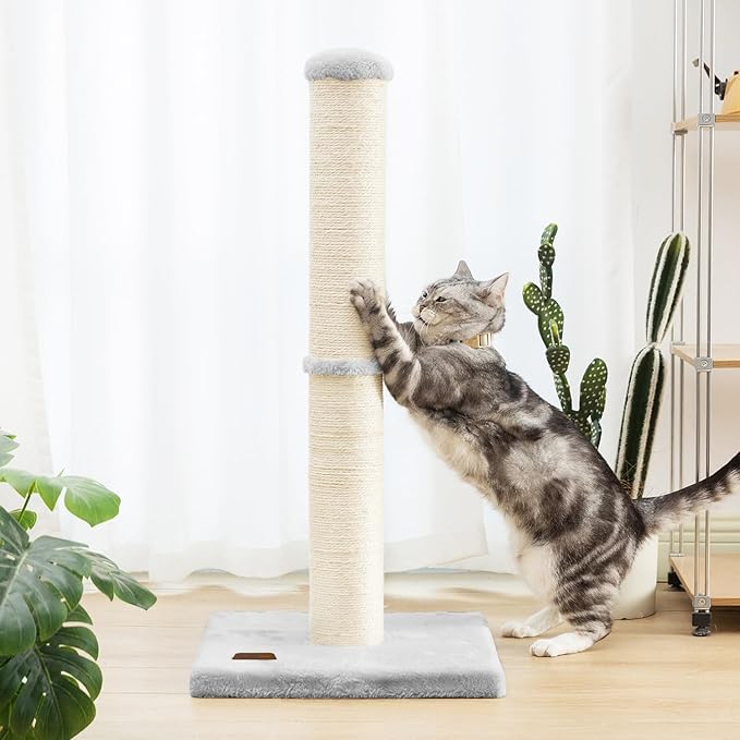 34inch Cat Scratching Post with Natural Sisal Rope 4.3Inch Large Diameter Scratcher Post Tree for Indoor Cats Grey - PAWPICO