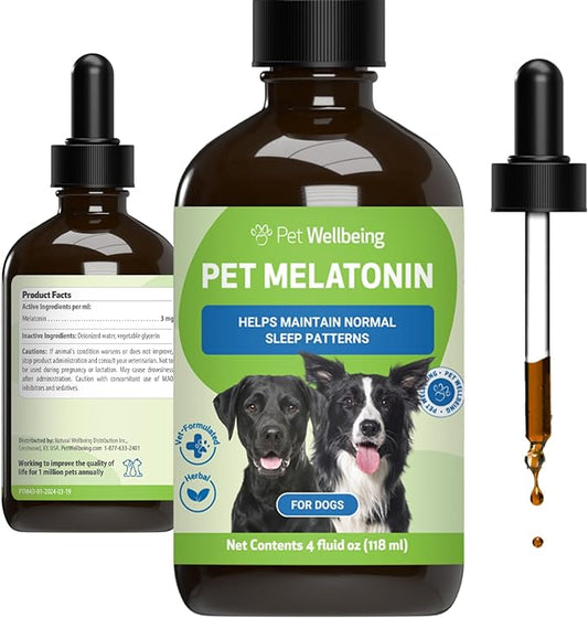 Pet Wellbeing Pet Melatonin for Dogs - Supports Adrenal Health, Cortisol Balance, Helps Maintain Normal Sleep Patterns - Veterinarian-Formulated Liquid Supplement 4 fl oz (118 ml) PetWellbeing