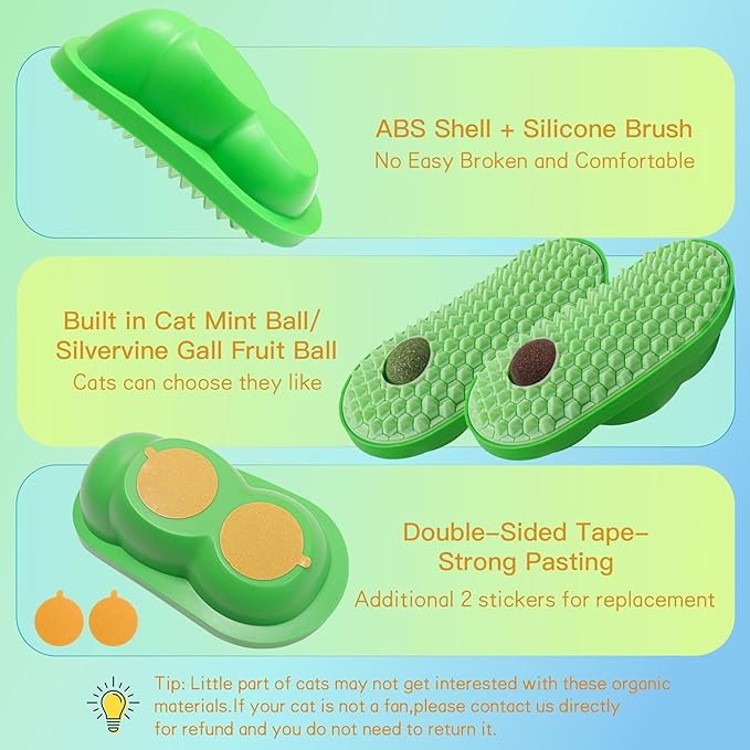 SEVENKA 2 Pack Cat Toys Self-Grooming Cat Brush with 3 Catnip Balls & 3 Gall Fruit, Kitty Kitten Scratcher Self Groomer Catnip Toys for Indoor Cats, Chew Toys Wall Corner Brushes Edible Wall Treats - PAWPICO