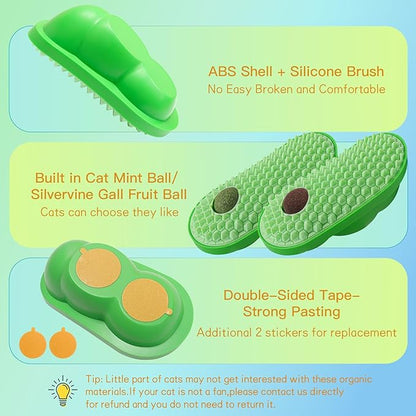 SEVENKA 2 Pack Cat Toys Self-Grooming Cat Brush with 3 Catnip Balls & 3 Gall Fruit, Kitty Kitten Scratcher Self Groomer Catnip Toys for Indoor Cats, Chew Toys Wall Corner Brushes Edible Wall Treats - PAWPICO